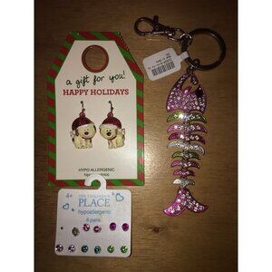 New Girls Bundle Of Earrings & Keychain Rhinestones Christmas